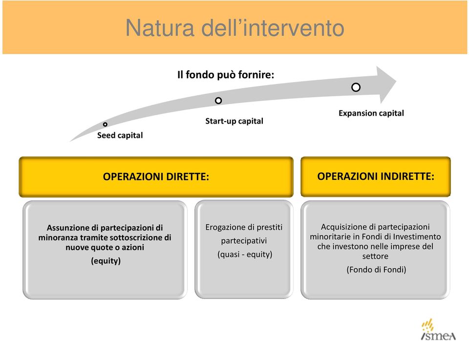 sottoscrizione di nuove quote o azioni (equity) Erogazione di prestiti partecipativi (quasi - equity)