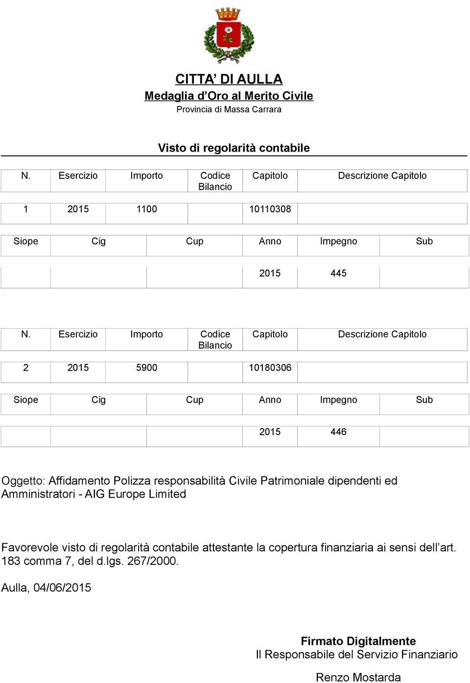 Esercizio Importo Codice Bilancio Capitolo Descrizione Capitolo 2 2015 5900 10180306 Siope Cig Cup Anno Impegno Sub 2015 446 Oggetto: Affidamento Polizza responsabilità