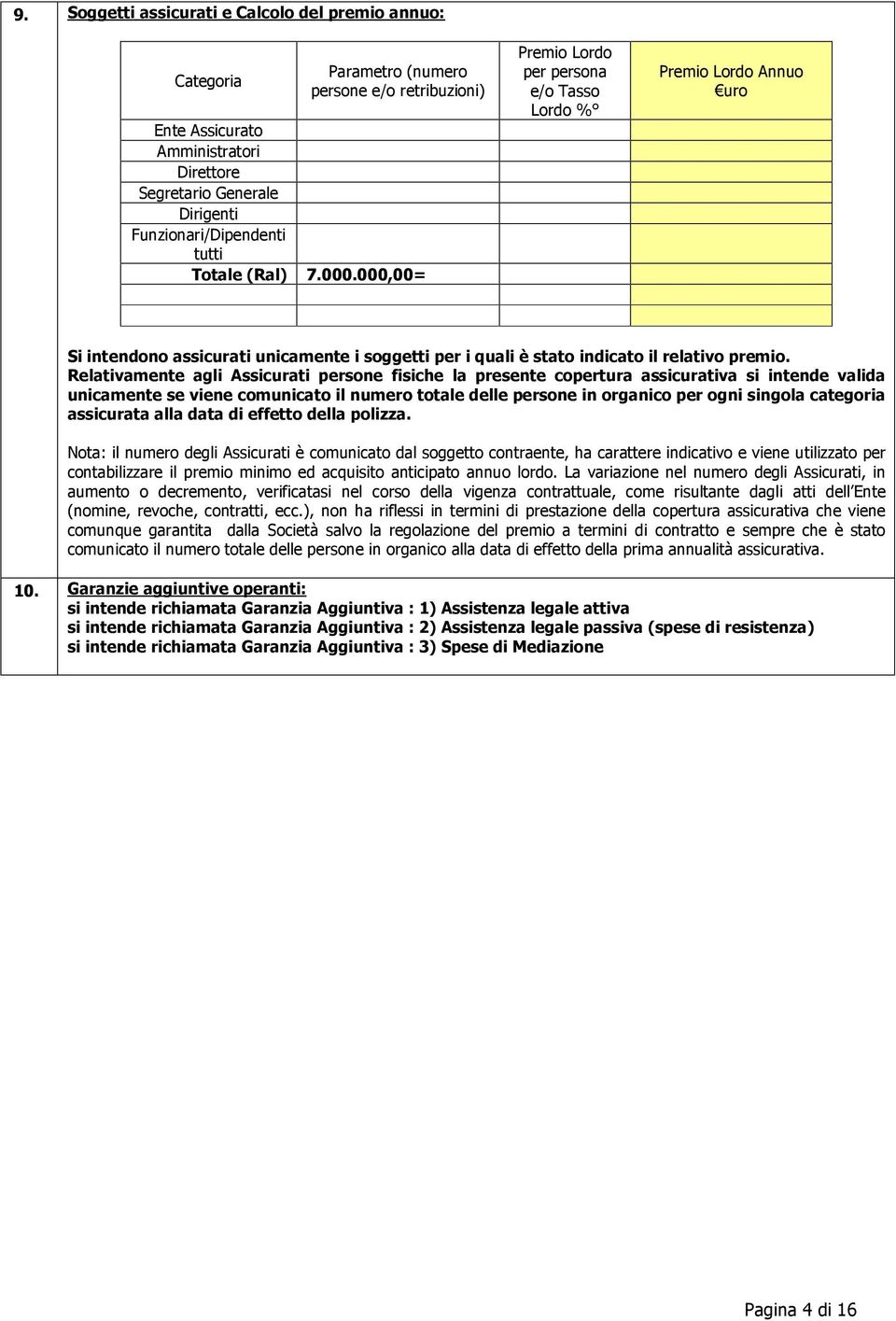 Relativamente agli Assicurati persone fisiche la presente copertura assicurativa si intende valida unicamente se viene comunicato il numero totale delle persone in organico per ogni singola categoria