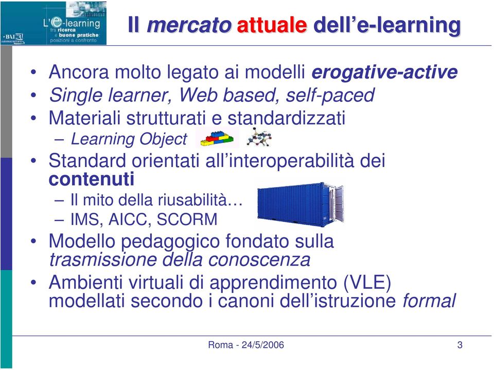 dei contenuti Il mito della riusabilità IMS, AICC, SCORM Modello pedagogico fondato sulla trasmissione della