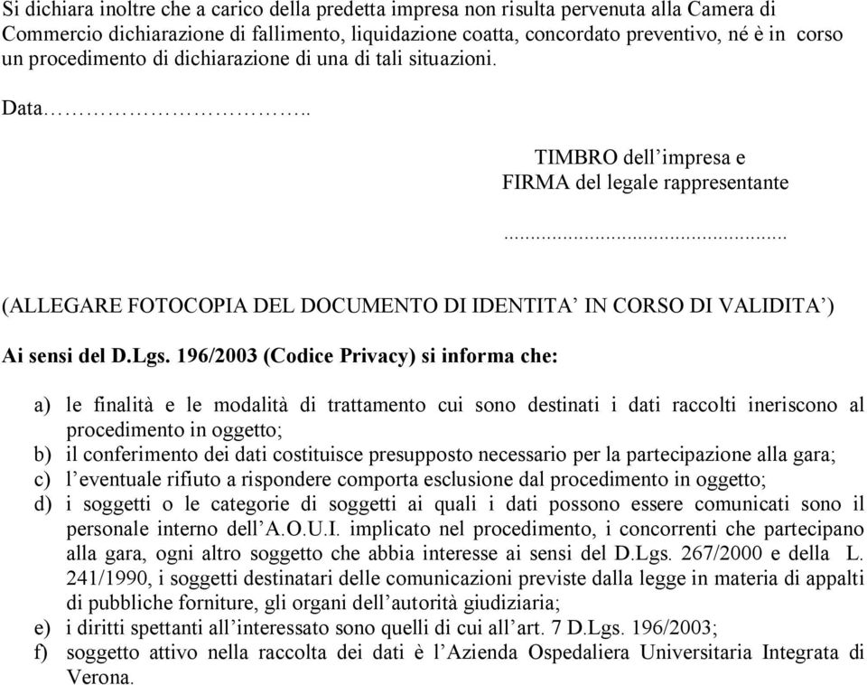 .. (ALLEGARE FOTOCOPIA DEL DOCUMENTO DI IDENTITA IN CORSO DI VALIDITA ) Ai sensi del D.Lgs.