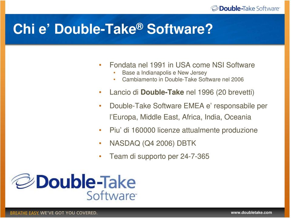 Double-Take Software nel 2006 Lancio di Double-Take nel 1996 (20 brevetti) Double-Take