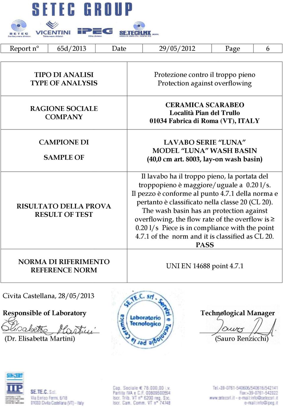 1 della norma e pertanto è classificato nella classe 20 (CL 20).