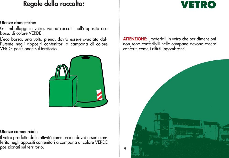 ATTENZIONE: I materiali in vetro che per dimensioni non sono conferibili nelle campane devono essere conferiti come i rifiuti ingombranti.