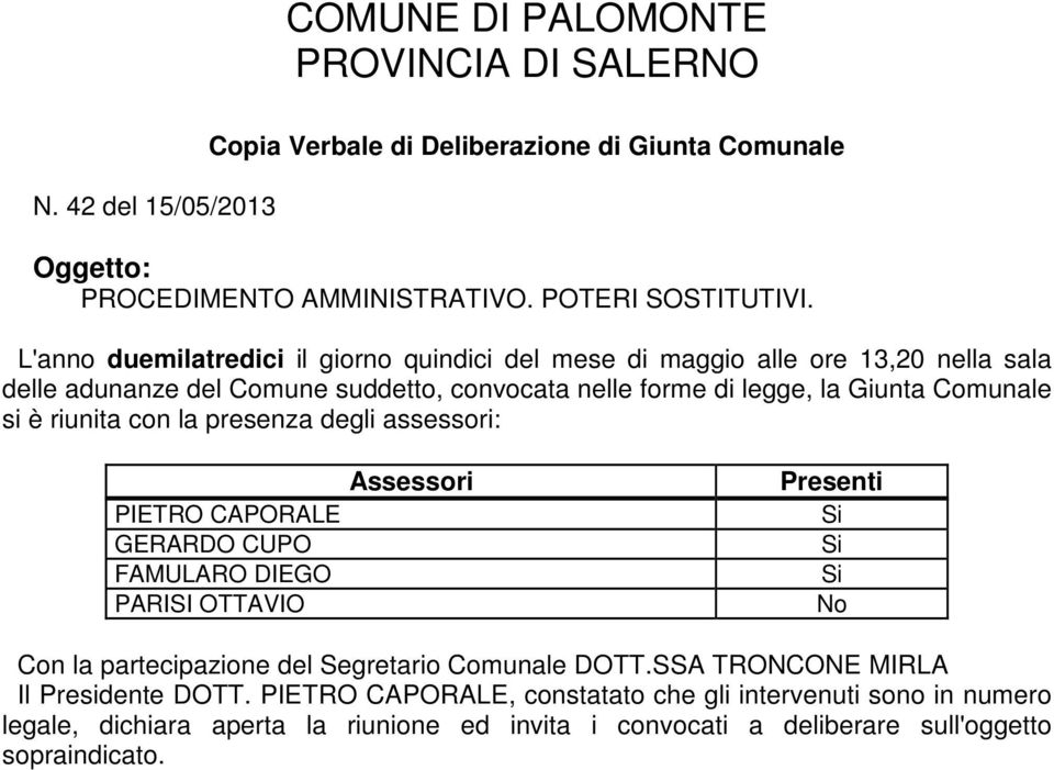 riunita con la presenza degli assessori: Assessori PIETRO CAPORALE GERARDO CUPO FAMULARO DIEGO PARISI OTTAVIO Presenti Si Si Si No Con la partecipazione del Segretario Comunale DOTT.