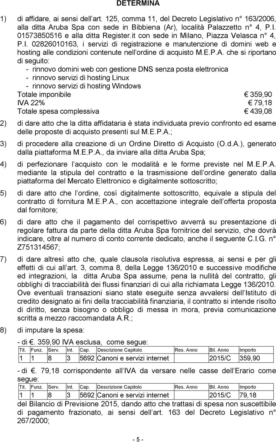 che si riportano di seguito: - rinnovo domini web con gestione DNS senza posta elettronica - rinnovo servizi di hosting Linux - rinnovo servizi di hosting Windows Totale imponibile 359,90 IVA 22%