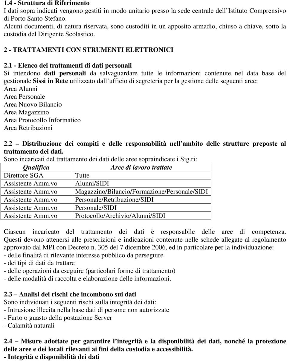 1 - Elenco dei trattamenti di dati personali Si intendono dati personali da salvaguardare tutte le informazioni contenute nel data base del gestionale Sissi in Rete utilizzato dall ufficio di