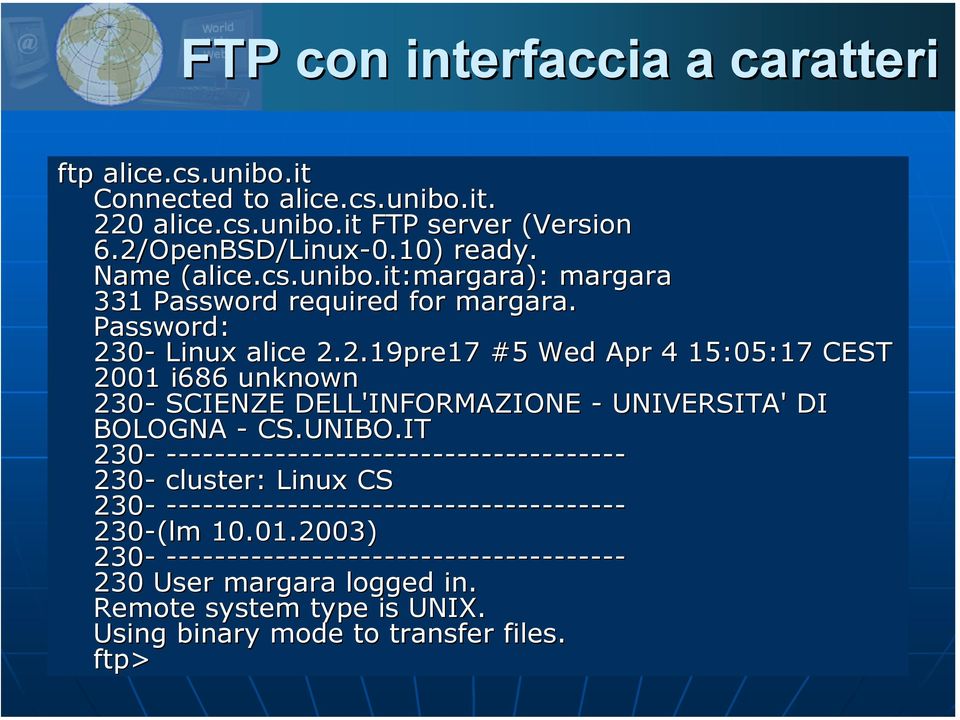 0- Linux alice 2.2.19pre17 #5 Wed Apr 4 15:05:17 CEST 2001 i686 unknown 230- SCIENZE DELL'INFORMAZIONE - UNIVERSITA' DI BOLOGNA - CS.UNIBO.