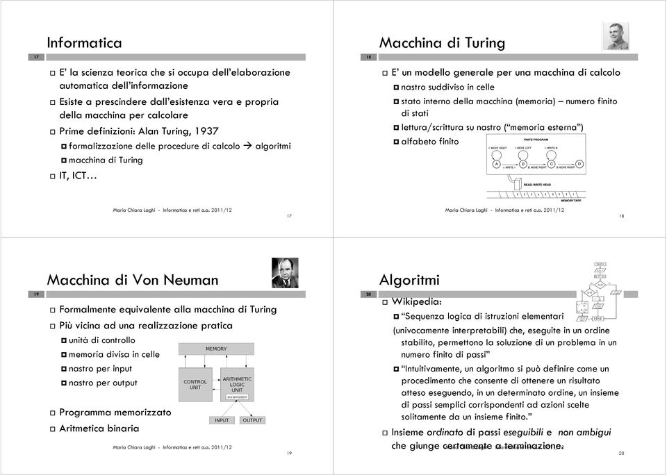 interno della macchina (memoria) numero finito di stati lettura/scrittura su nastro ( memoria esterna ) alfabeto finito 17 18 Macchina di Von Neuman Algoritmi 19 Formalmente equivalente alla macchina