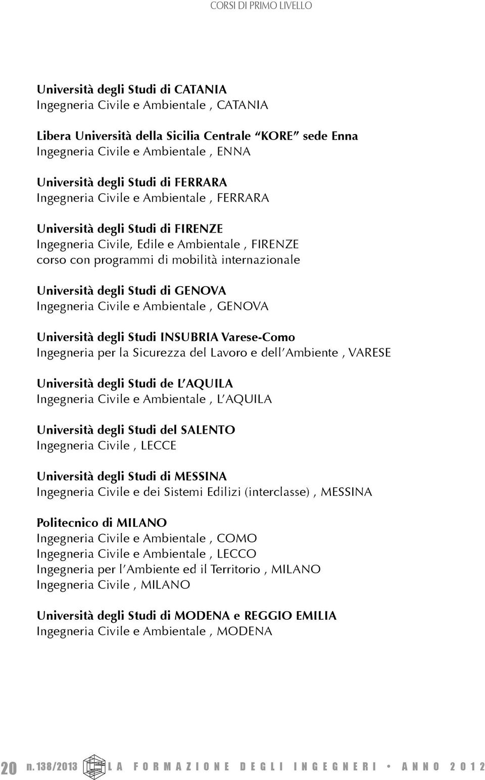 Civile e Ambientale, GENOVA Università degli Studi INSUBRIA Varese-Como Ingegneria per la Sicurezza del Lavoro e dell Ambiente, VARESE Università degli Studi de L AQUILA Ingegneria Civile e