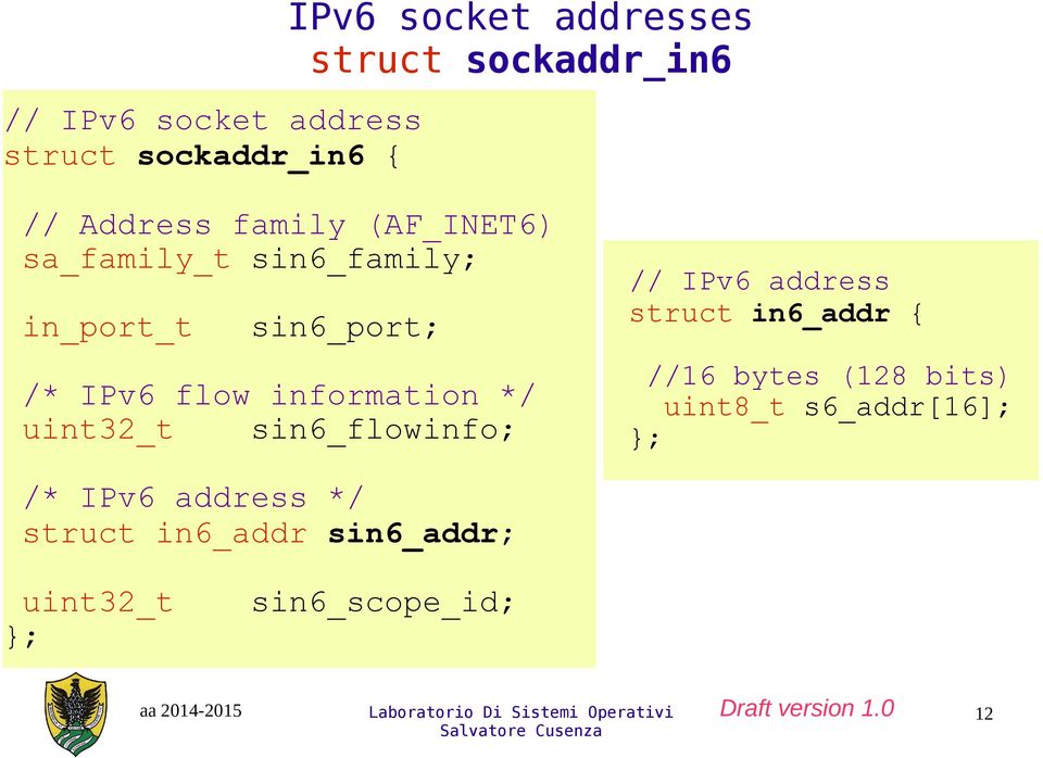 information */ uint32_t sin6_flowinfo; // IPv6 address struct in6_addr { //16 bytes (128