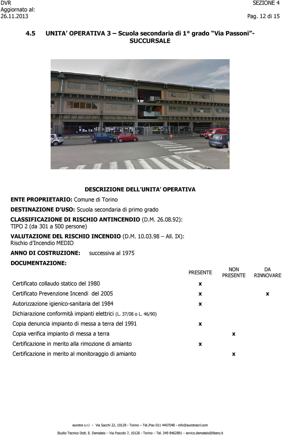 CLASSIFICAZIONE DI ANTINCENDIO (D.M. 26.08.92): TIPO 2 (da 301 a 500 persone) VALUTAZIONE DEL INCENDIO (D.M. 10.03.98 All.