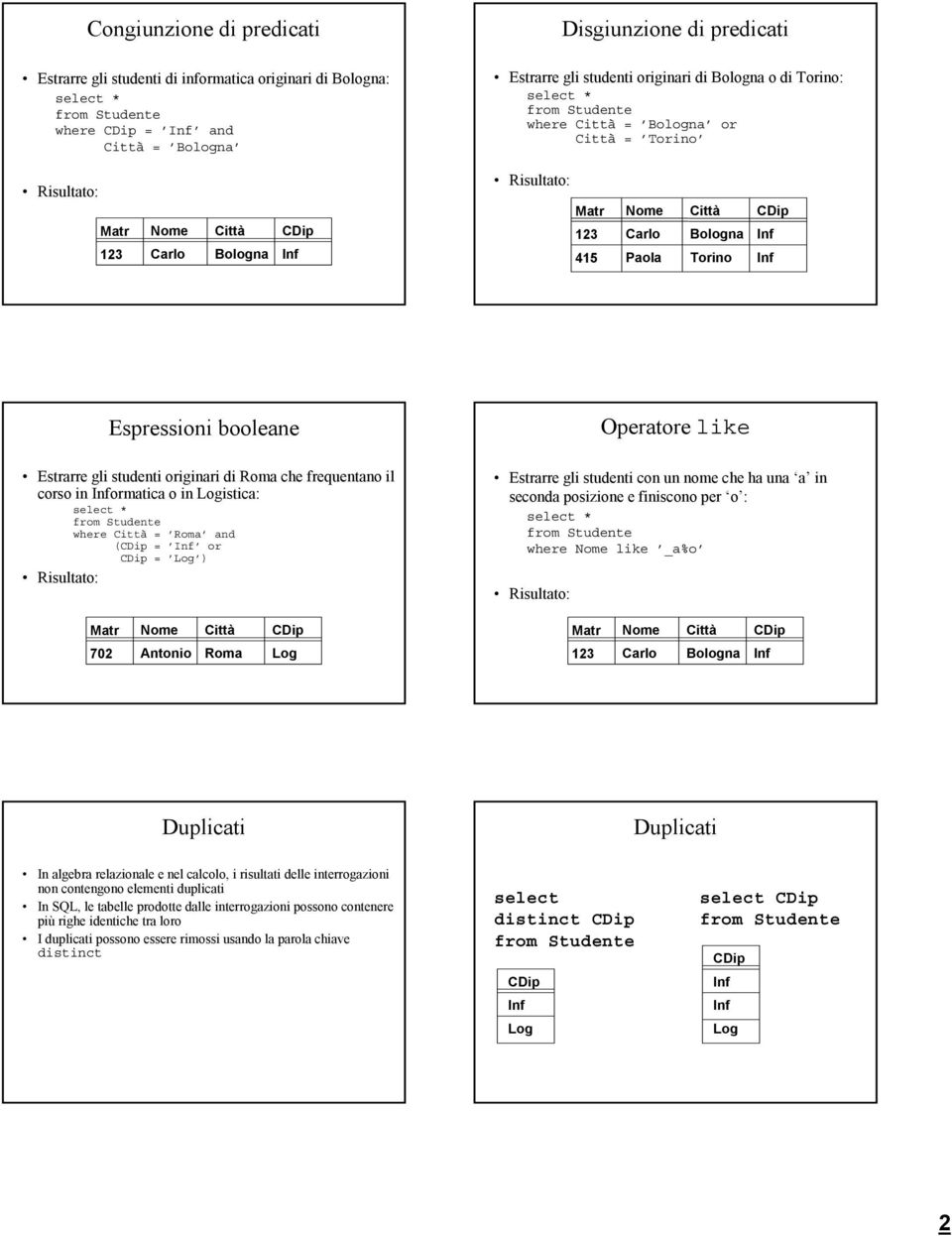 Espressioni booleane Operatore like Estrarre gli studenti originari di Roma che frequentano il corso in Informatica o in Logistica: from Studente where Città = Roma and (CDip = Inf or CDip = Log )