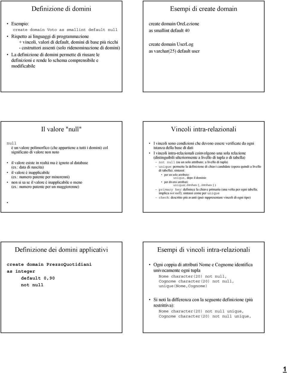 default 0 create domain UserLog as varchar(5) default user Il valore "null" Vincoli intra-relazionali null è un valore polimorfico (che appartiene a tutti i domini) col significato di valore non noto