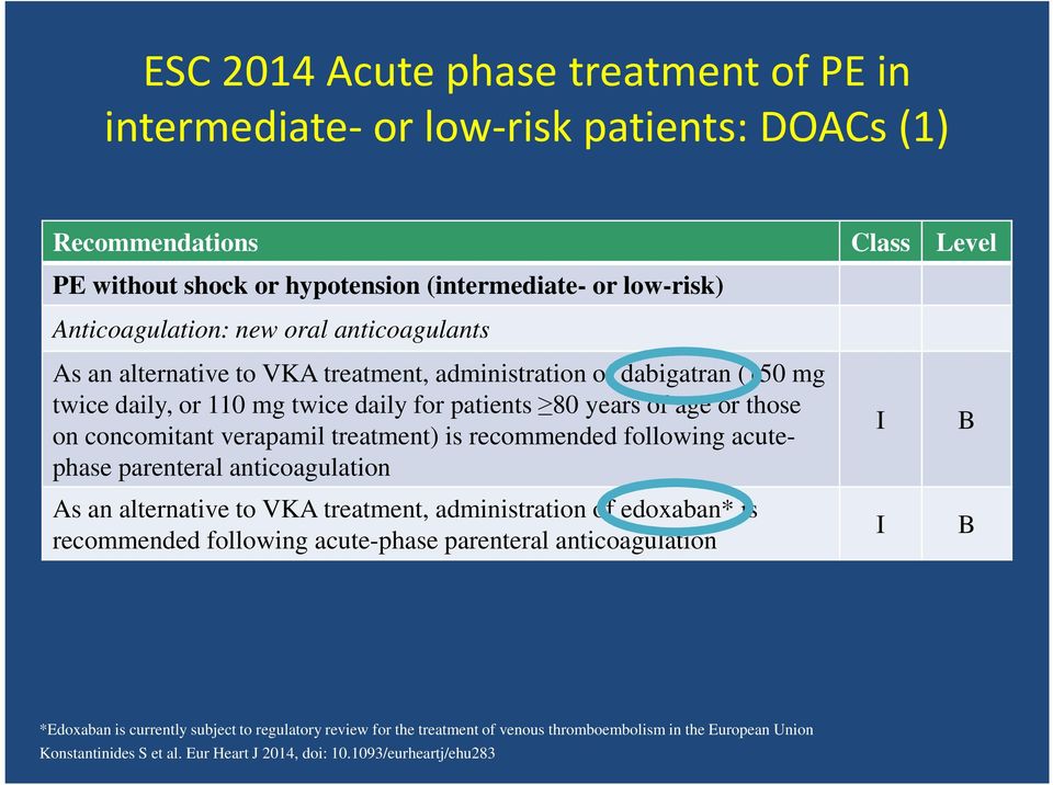 treatment) is recommended following acutephase parenteral anticoagulation As an alternative to VKA treatment, administration of edoxaban* is recommended following acute-phase parenteral