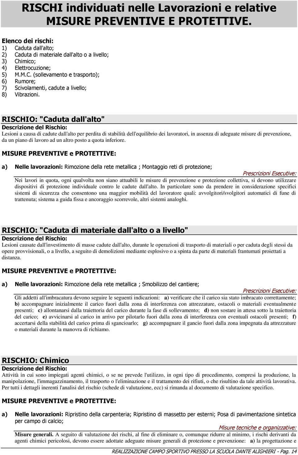 RISCHIO: "Caduta dall'alto" Descrizione del Rischio: Lesioni a causa di cadute dall'alto per perdita di stabilità dell'equilibrio dei lavoratori, in assenza di adeguate misure di prevenzione, da un