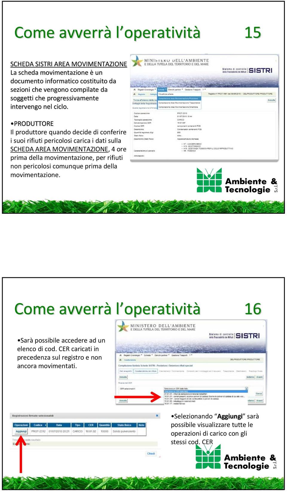 PRODUTTORE Il produttore quando decide di conferire i suoi rifiuti pericolosi carica i dati sulla SCHEDA AREA MOVIMENTAZIONE, 4 ore prima della movimentazione, per