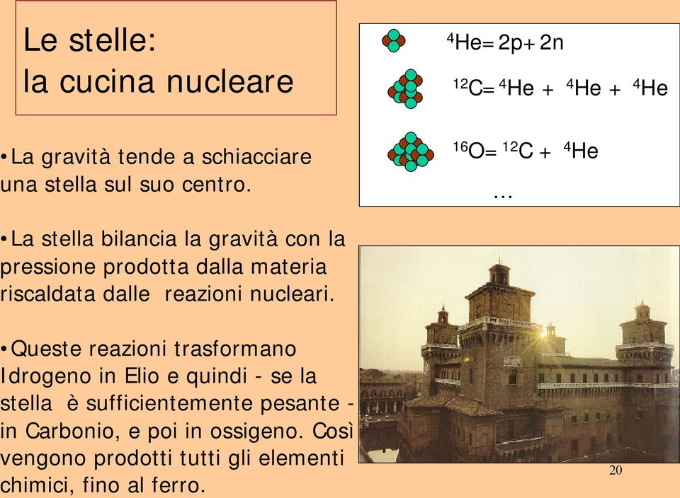 16 O= 12 C + 4 He La stella bilancia la gravità con la pressione prodotta dalla materia riscaldata dalle