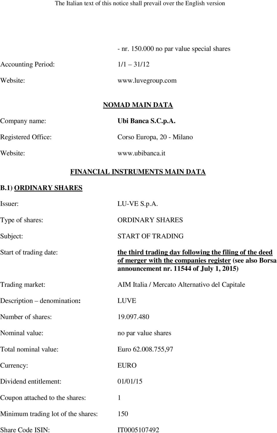 1) ORDINARY SHARES FINANCIAL INSTRUMENTS MAIN DATA Issuer: Type of shares: Subject: Start of trading date: Trading market: Description denomination: ORDINARY SHARES START OF TRADING the third trading