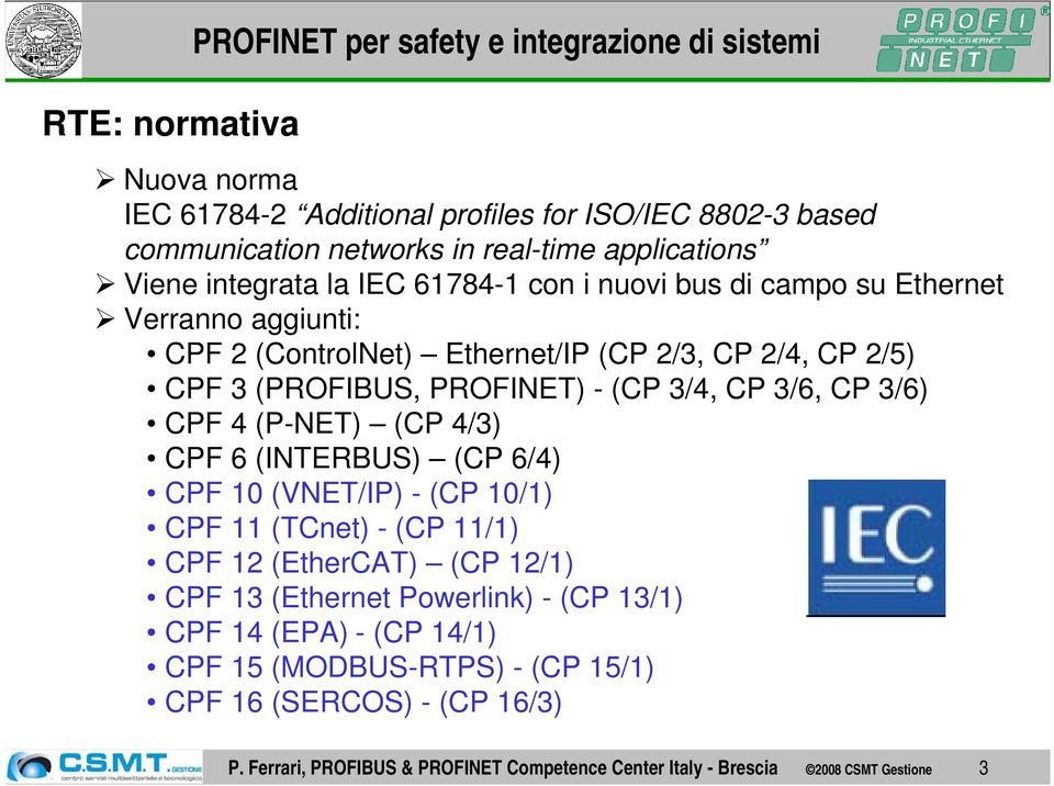 CP 3/6, CP 3/6) CPF 4 (P-NET) (CP 4/3) CPF 6 (INTERBUS) (CP 6/4) CPF 10 (VNET/IP) - (CP 10/1) CPF 11 (TCnet) - (CP 11/1) CPF 12 (EtherCAT) (CP 12/1) CPF 13 (Ethernet Powerlink) -