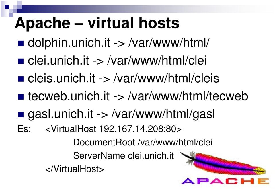 unich.it -> /var/www/html/gasl Es: <VirtualHost 192.167.14.