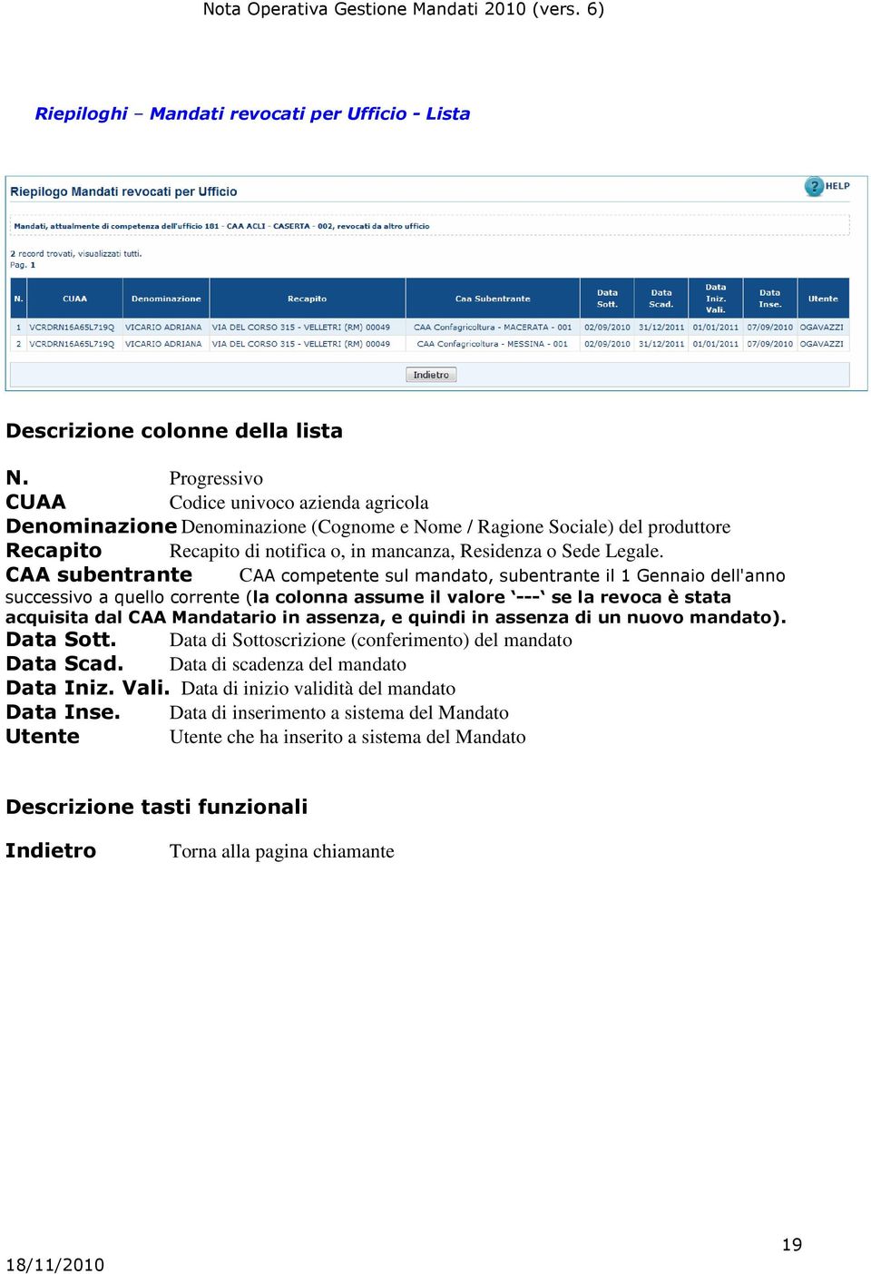 CAA subentrante CAA competente sul mandato, subentrante il 1 Gennaio dell'anno successivo a quello corrente (la colonna assume il valore --- se la revoca è stata acquisita dal CAA Mandatario in