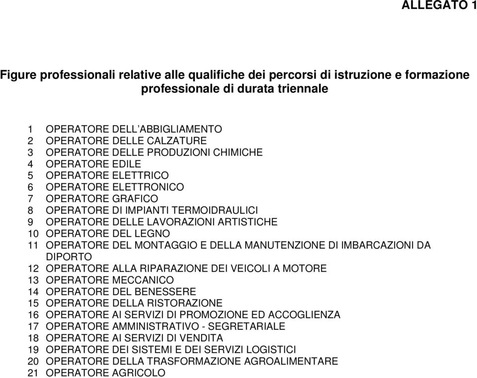 10 OPERATORE DEL LEGNO 11 OPERATORE DEL MONTAGGIO E DELLA MANUTENZIONE DI IMBARCAZIONI DA DIPORTO 12 OPERATORE ALLA RIPARAZIONE DEI VEICOLI A MOTORE 13 OPERATORE MECCANICO 14 OPERATORE DEL BENESSERE