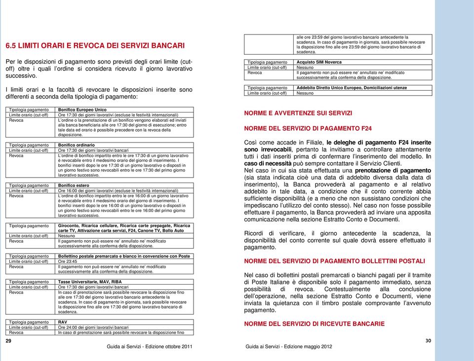 orario (cut-off) alle ore 23:59 del giorno lavorativo bancario antecedente la scadenza.