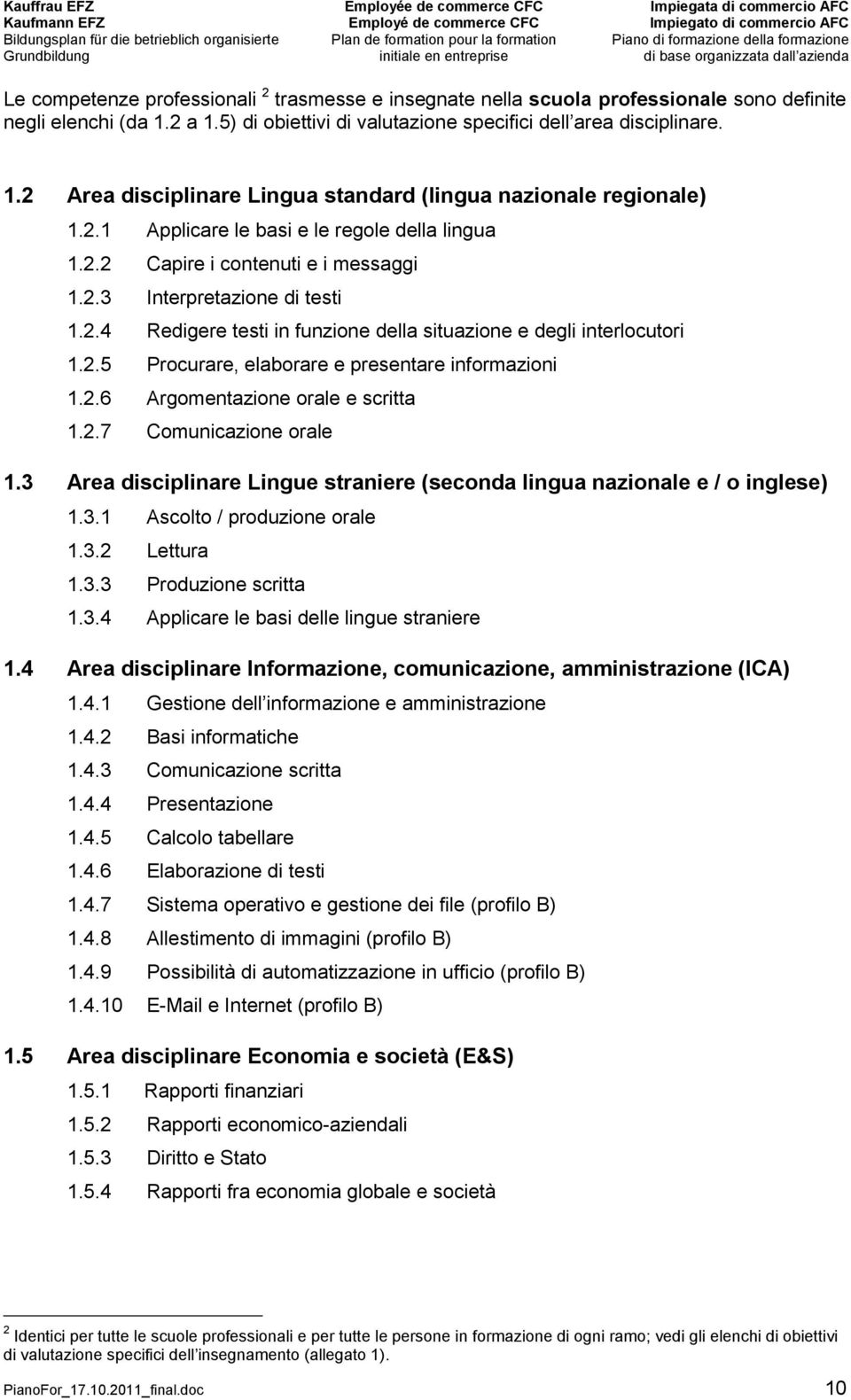 2.6 Argomentazione orale e scritta 1.2.7 Comunicazione orale 1.3 Area disciplinare Lingue straniere (seconda lingua nazionale e / o inglese) 1.3.1 Ascolto / produzione orale 1.3.2 Lettura 1.3.3 Produzione scritta 1.