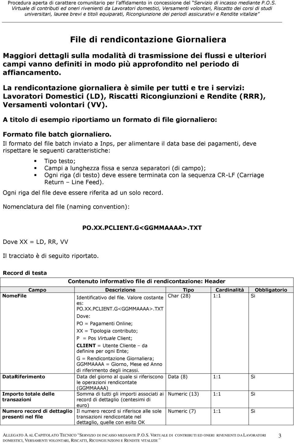 A titolo di esempio riportiamo un formato di file giornaliero: Formato file batch giornaliero.