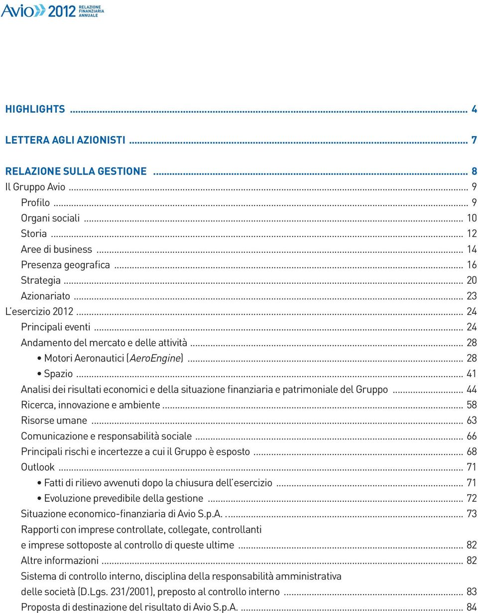 .. 28 Spazio... 41 Analisi dei risultati economici e della situazione finanziaria e patrimoniale del Gruppo... 44 Ricerca, innovazione e ambiente... 58 Risorse umane.