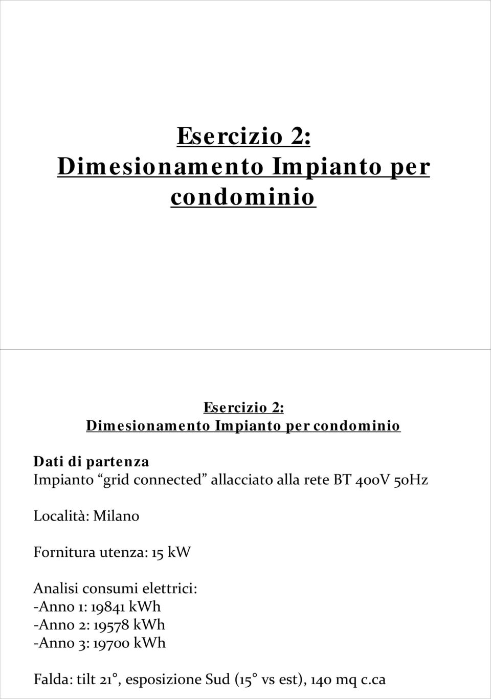 Località: Milano Fornitura utenza: 15 kw Analisi consumi elettrici: Anno 1: 19841 kwh