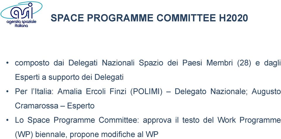 Finzi (POLIMI) Delegato Nazionale; Augusto Cramarossa Esperto Lo Space Programme
