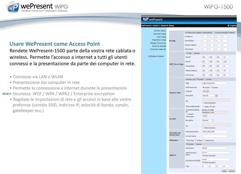 Connesso via LAN o WLAN Presentazione dai computer in rete Permette la connessione a internet durante le presentazioni Sicurezza: WEP