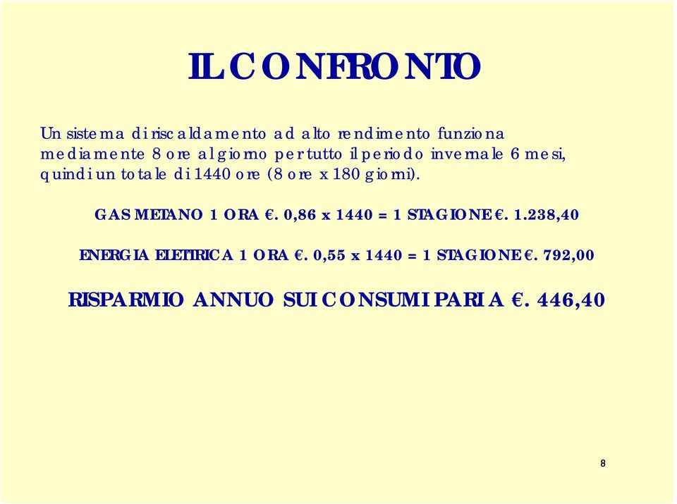 x 180 giorni). GAS METANO 1 ORA. 0,86 x 1440 = 1 STAGIONE. 1.238,40 ENERGIA ELETTRICA 1 ORA.