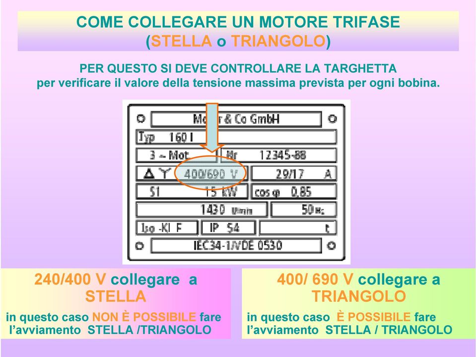 240/400 V collegare a STELLA in questo caso NON È POSSIBILE fare l avviamento STELLA