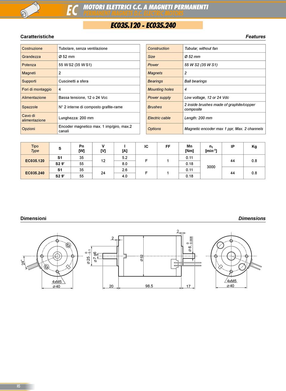 Bearings Ball bearings Fori di montaggio Mounting holes Alimentazione Bassa tensione, o Vcc Power supply Low voltage, or Vdc pazzole Cavo di alimentazione Opzioni N interne di composto grafite-rame