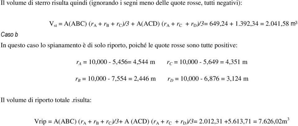 041,58 m 3 In questo caso lo spianamento è di solo riporto, poiché le quote rosse sono tutte positive: r A = 10,000-5,456= 4,544 m r B