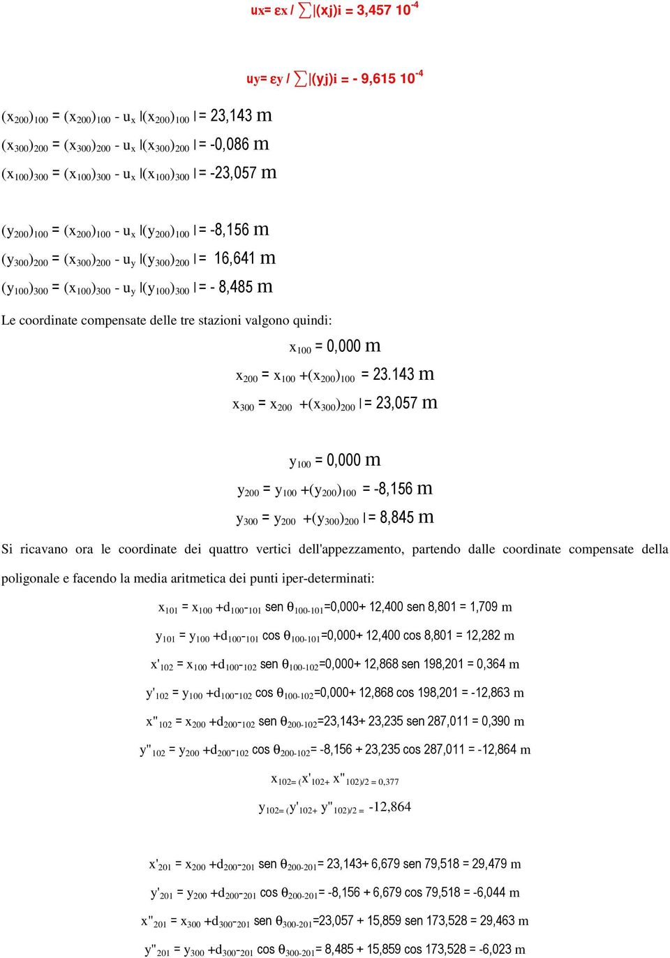 ) 300 = - 8,485 m Le coordinate compensate delle tre stazioni valgono quindi: x 100 = 0,000 m x 200 = x 100 +(x 200 ) 100 = 23.