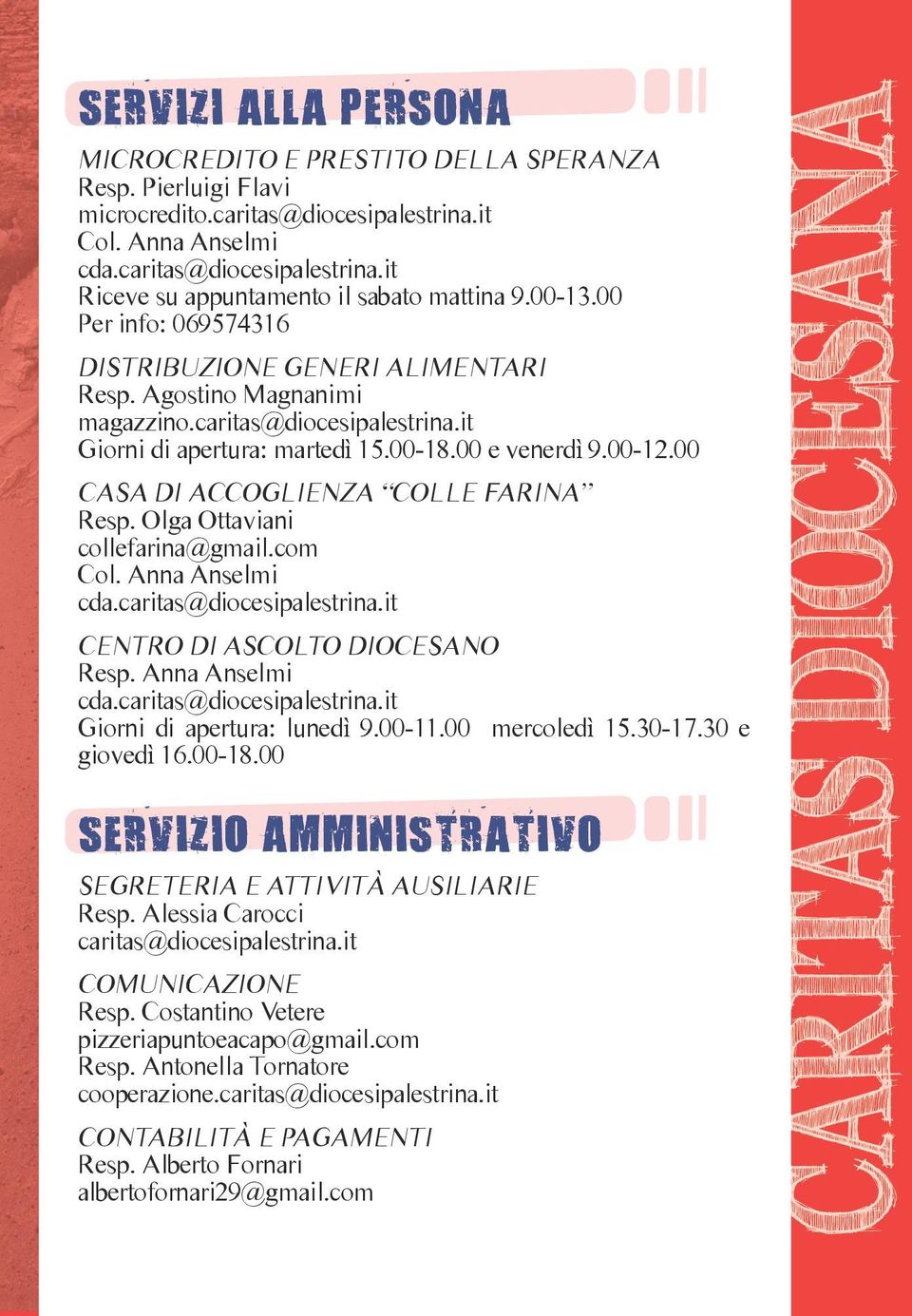 00 CASA DI ACCOGLIENZA COLLE FARINA Resp. Olga Ottaviani collefarina@gmail.com Col. Anna Anselmi cda.caritas@diocesipalestrina.it CENTRO DI ASCOLTO DIOCESANO Resp. Anna Anselmi cda.caritas@diocesipalestrina.it Giorni di apertura: lunedì 9.