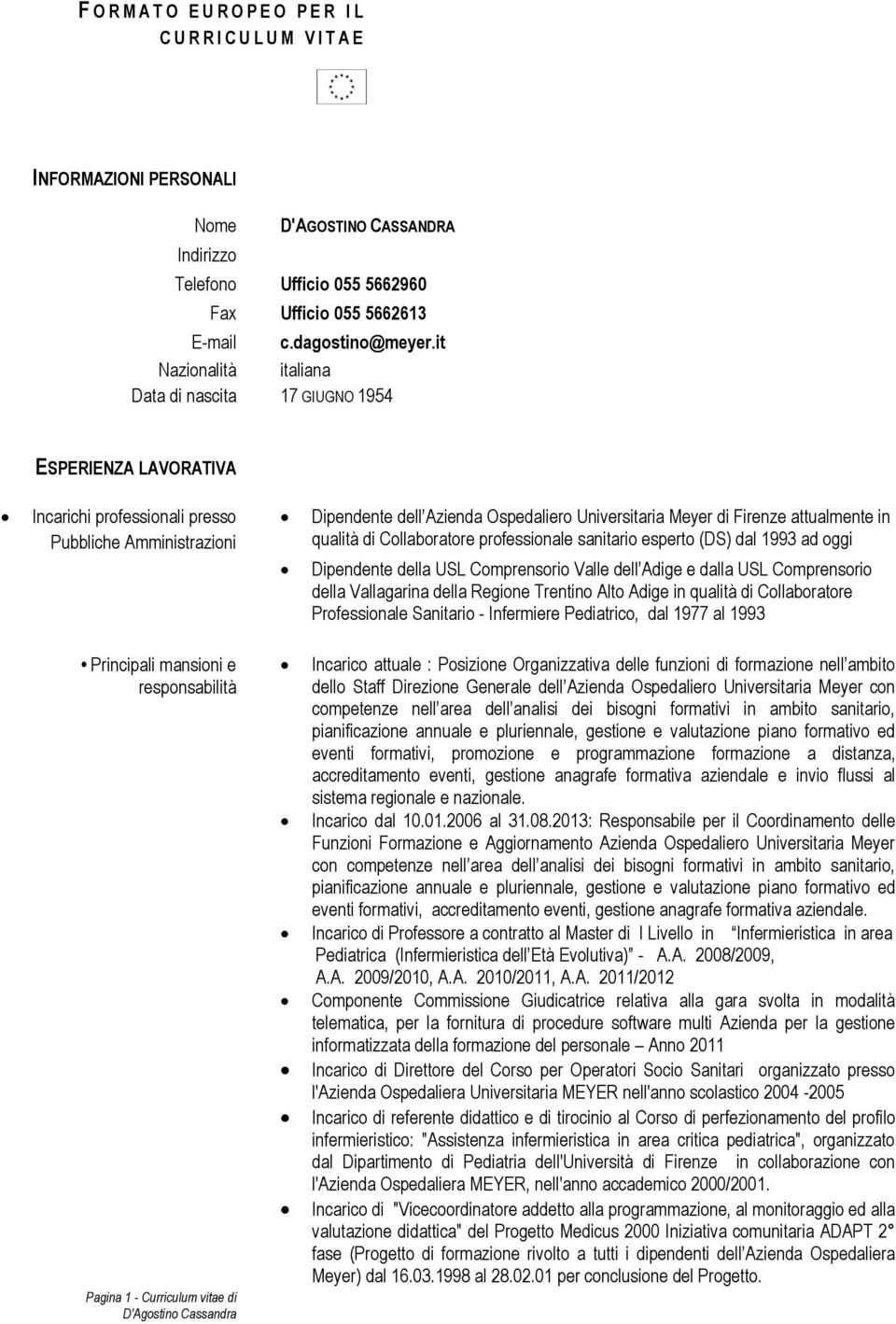 it Nazionalità italiana Data di nascita 17 GIUGNO 1954 ESPERIENZA LAVORATIVA Incarichi professionali presso Pubbliche Amministrazioni Dipendente dell Azienda Ospedaliero Universitaria Meyer di