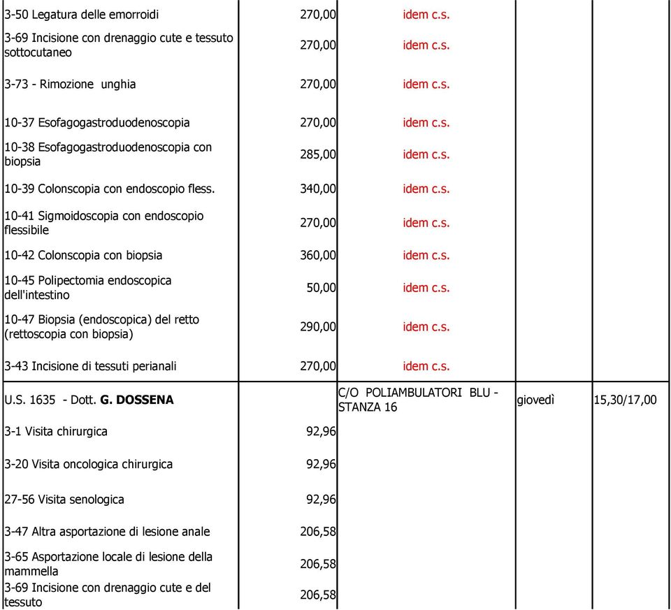 340,00 10-41 Sigmoidoscopia con endoscopio flessibile 270,00 10-42 Colonscopia con biopsia 360,00 10-45 Polipectomia endoscopica dell'intestino 10-47 Biopsia (endoscopica) del retto (rettoscopia con