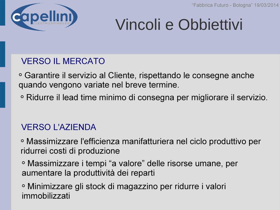 VERSO L'AZIENDA Massimizzare l'efficienza manifatturiera nel ciclo produttivo per ridurrei costi di produzione