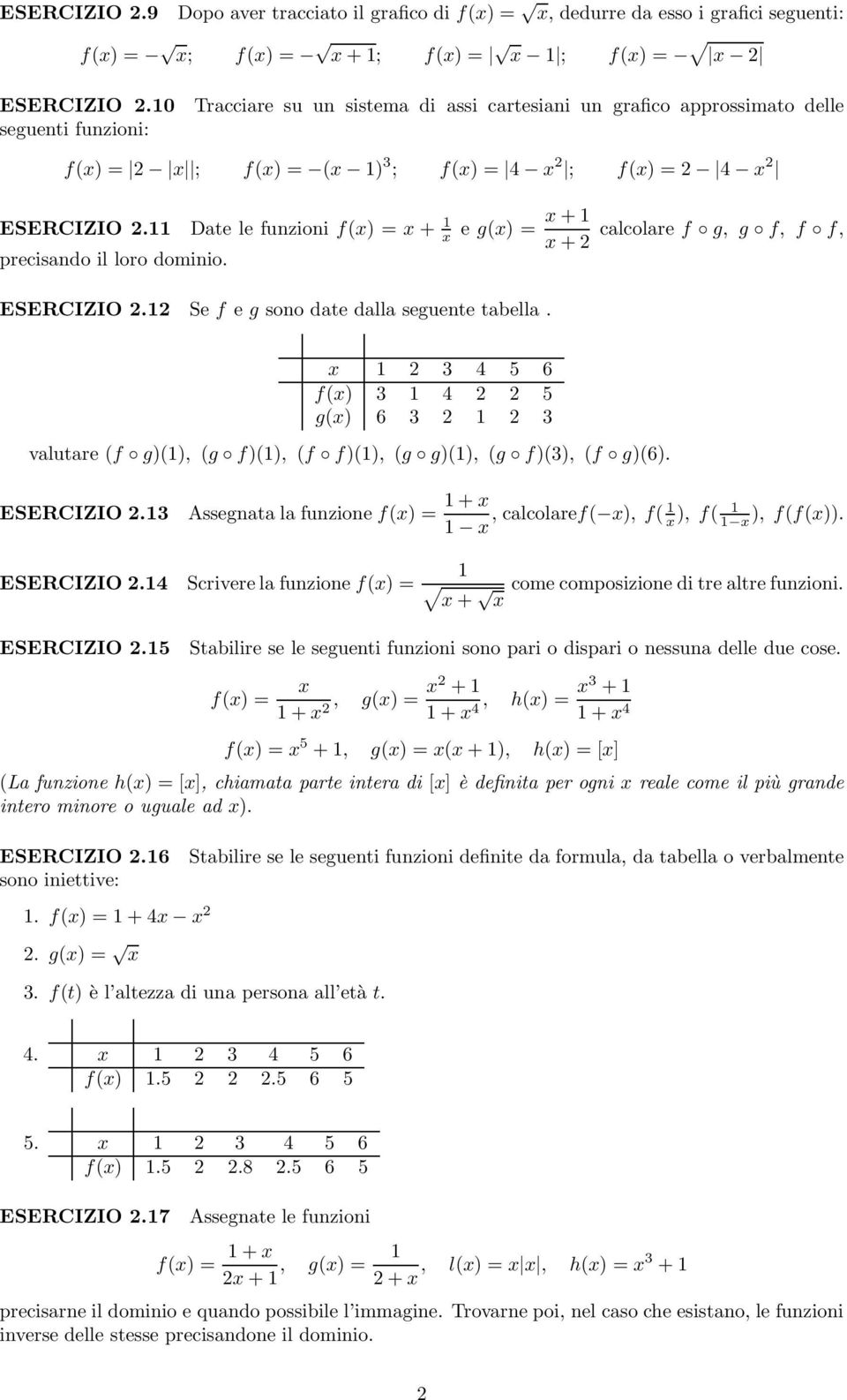 Date le funzioni f() = + e g() = + + precisando il loro dominio. calcolare f g, g f, f f, ESERCIZIO. Se f e g sono date dalla seguente tabella.