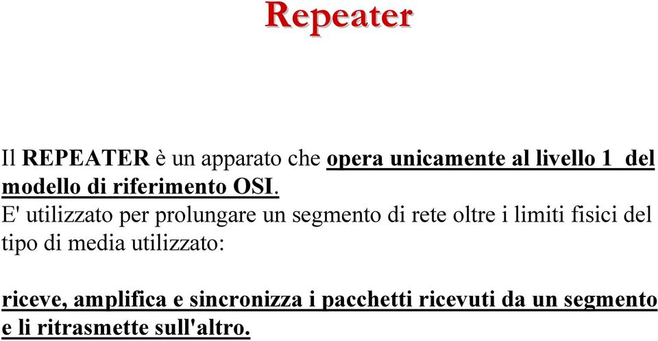 E' utilizzato per prolungare un segmento di rete oltre i limiti fisici del