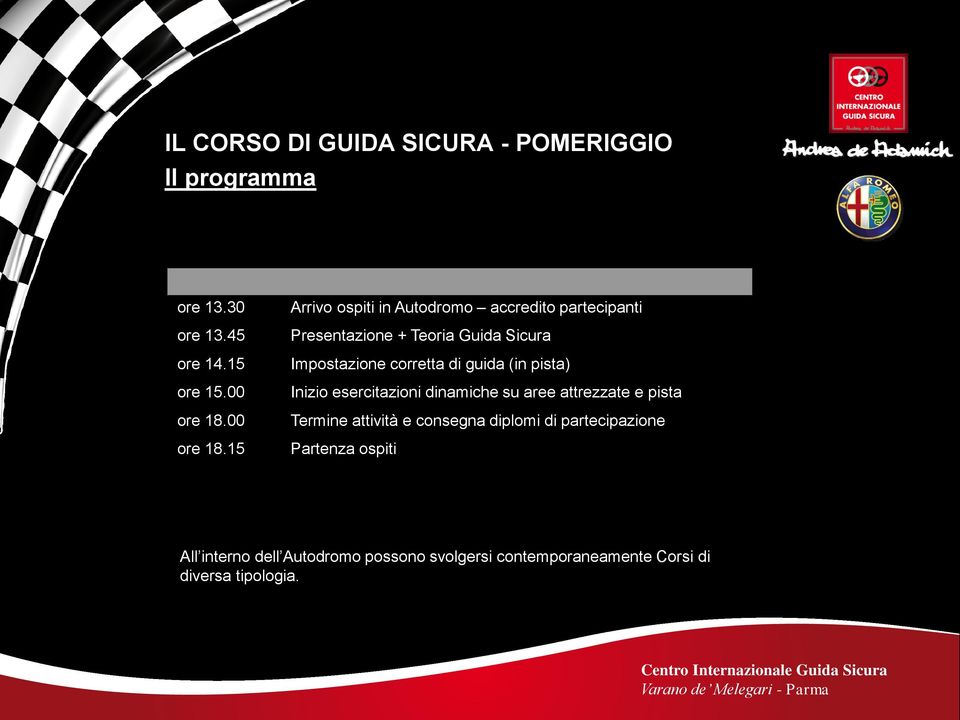 15 Arrivo ospiti in Autodromo accredito partecipanti Presentazione + Teoria Guida Sicura Impostazione corretta di