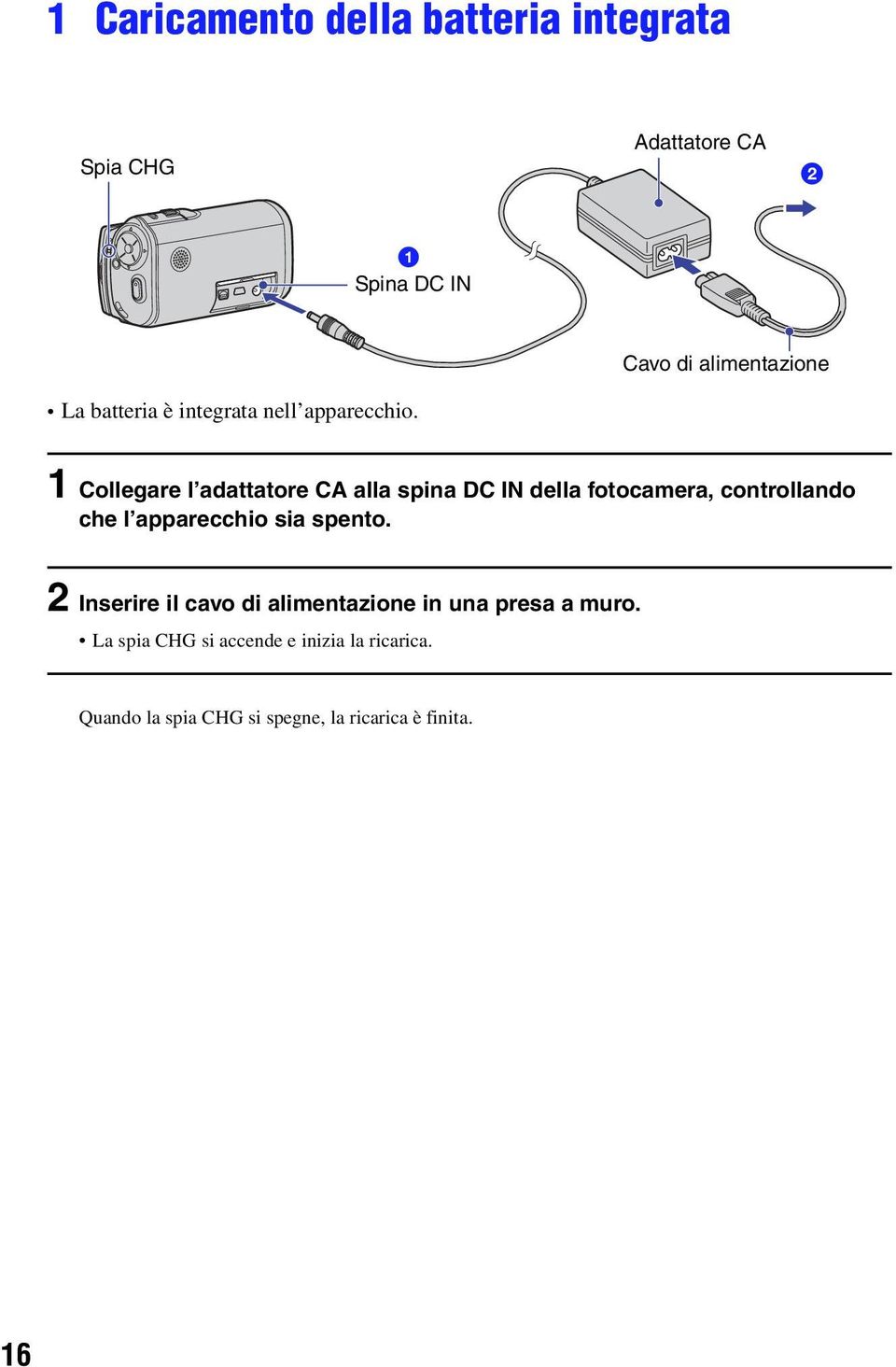 1 Collegare l adattatore CA alla spina DC IN della fotocamera, controllando che l apparecchio sia