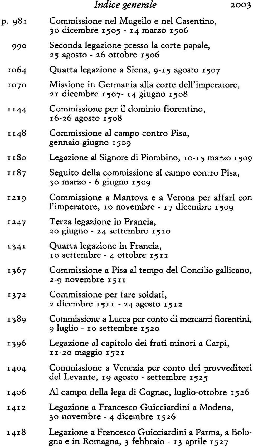 1070 Missione in Germania alla corte dell'imperatore, 21 dicembre igo7-14 giugno igo8 1144 Commissione per il dominio fiorentino, 16-26 agosto igo8 1148 Commissione al campo contro Pisa,