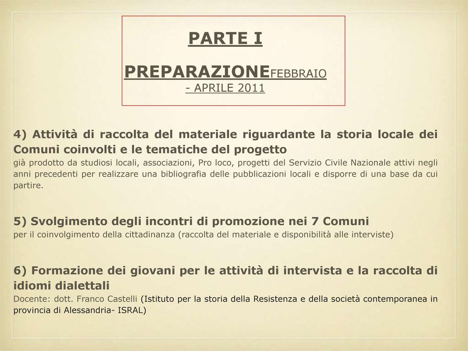 5) Svolgimento degli incontri di promozione nei 7 Comuni per il coinvolgimento della cittadinanza (raccolta del materiale e disponibilità alle interviste) 6) Formazione dei giovani per le