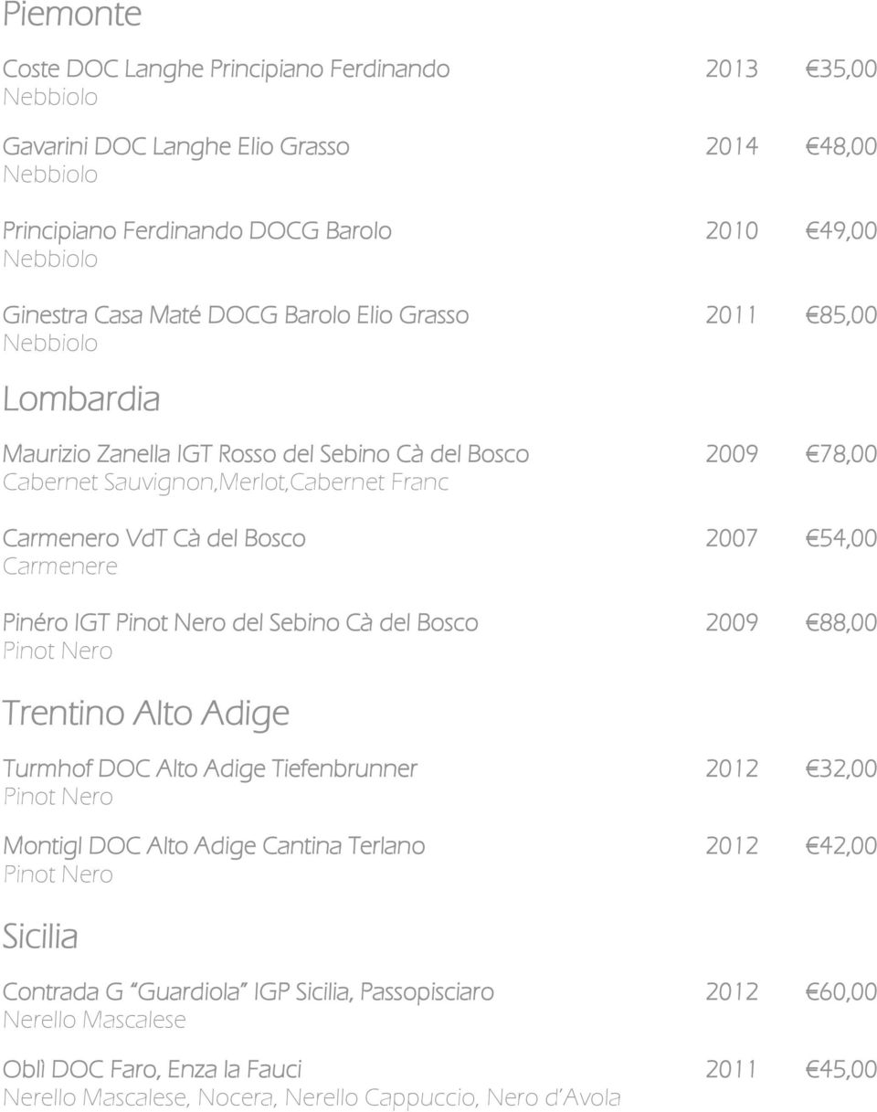 Carmenere Pinéro IGT Pinot Nero del Sebino Cà del Bosco 2009 88,00 Pinot Nero Trentino Alto Adige Turmhof DOC Alto Adige Tiefenbrunner 2012 32,00 Pinot Nero Montigl DOC Alto Adige Cantina Terlano